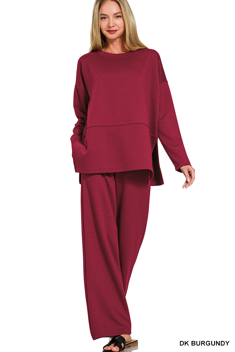 Scuba side slit pant set- dk burgendy
