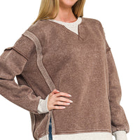 ACID WASHED CONTRAST TRIM PULLOVER - BROWN