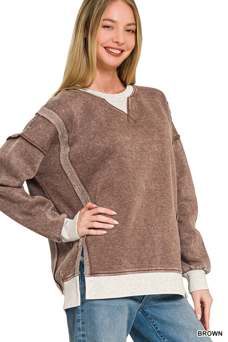 ACID WASHED CONTRAST TRIM PULLOVER - BROWN
