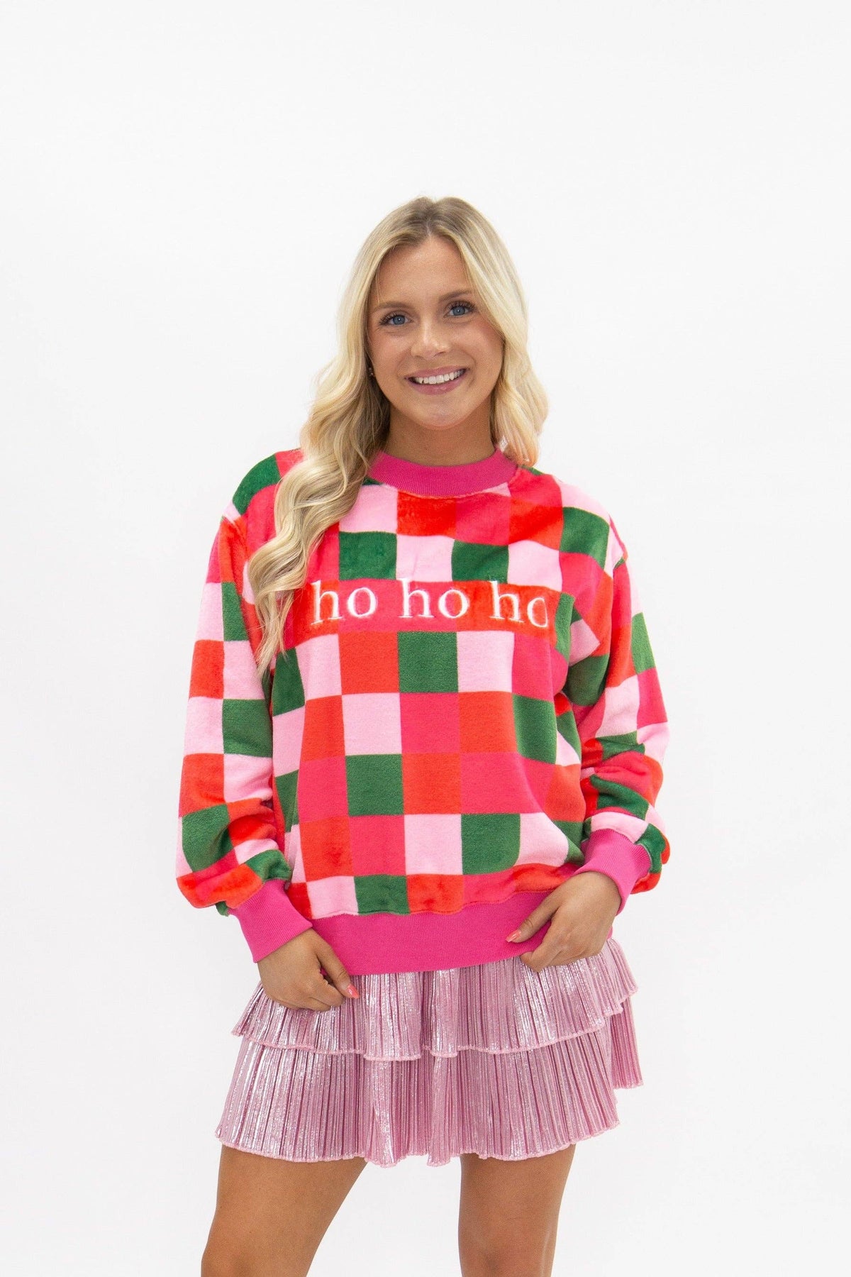 'Ho Ho Ho' on Fuzzy Checkered Sweatshirt