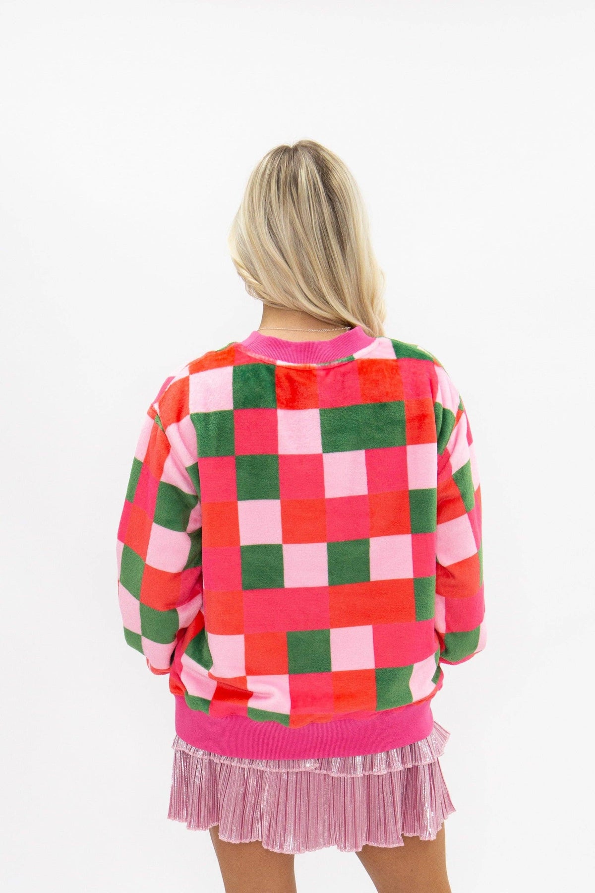 'Ho Ho Ho' on Fuzzy Checkered Sweatshirt