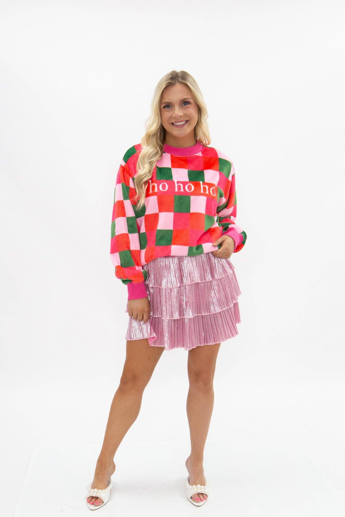 'Ho Ho Ho' on Fuzzy Checkered Sweatshirt