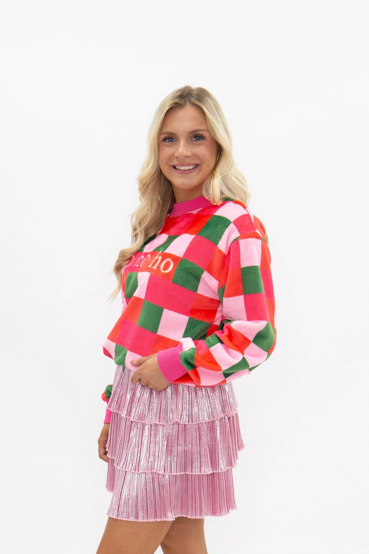 'Ho Ho Ho' on Fuzzy Checkered Sweatshirt