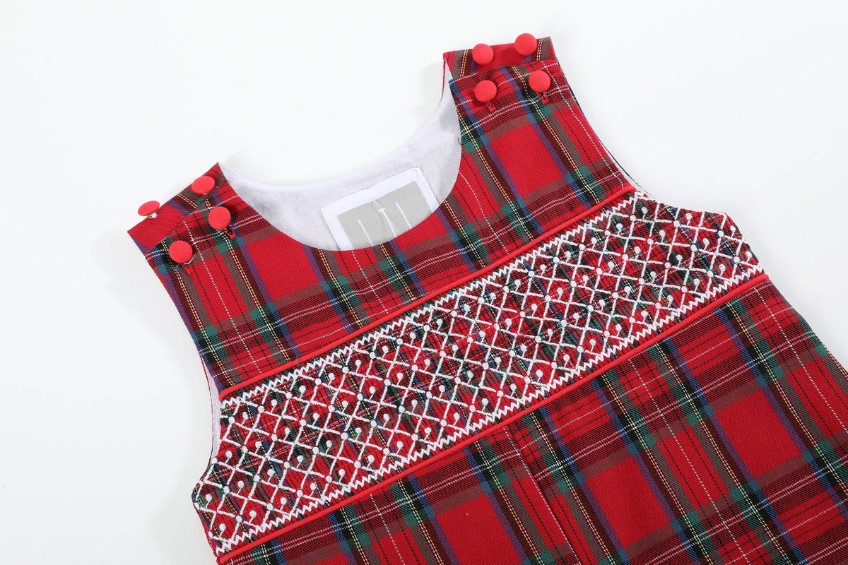 Red and Green Christmas Plaid Smocked Overalls